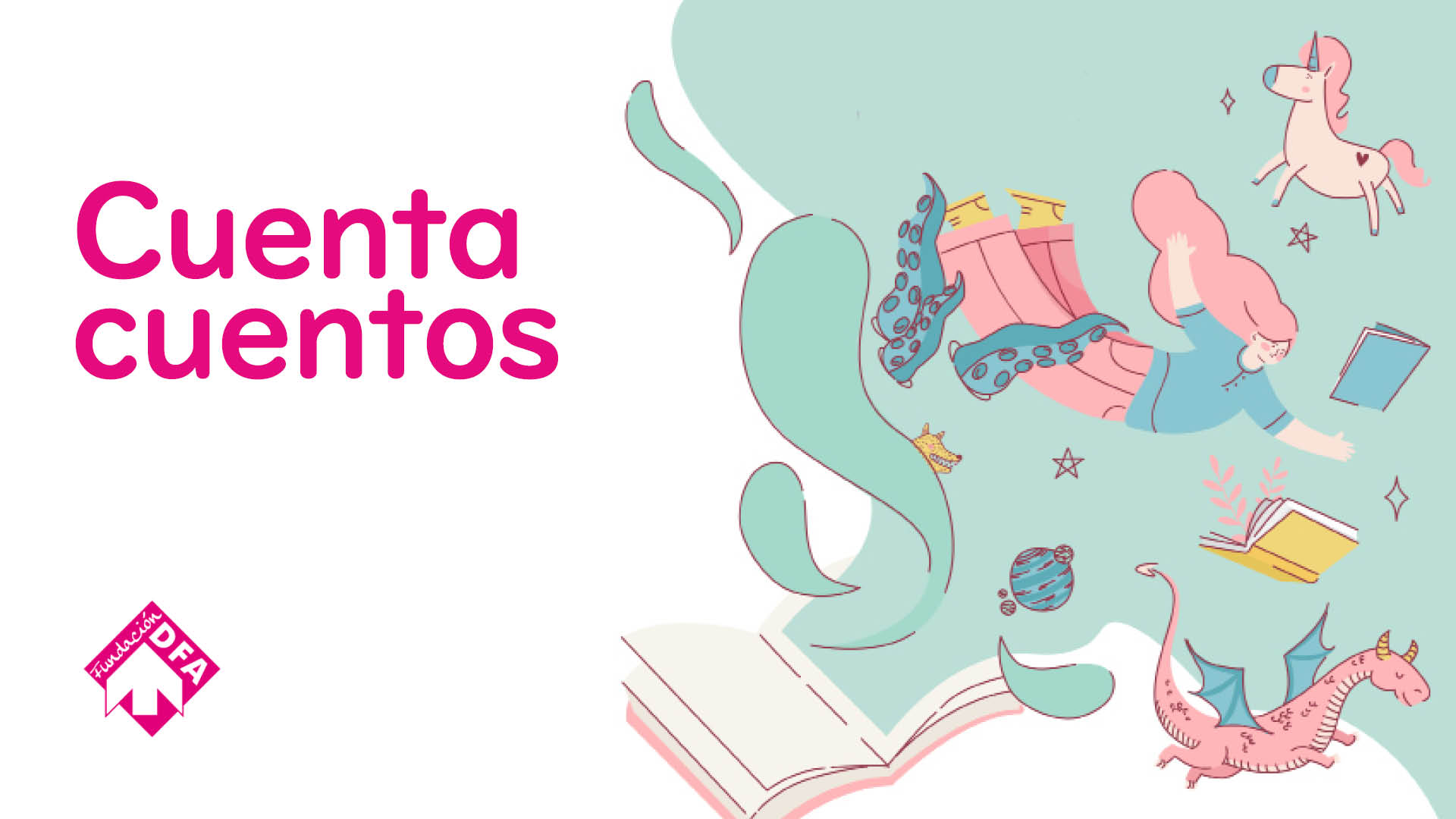 Cartel diseñado para anunciar los cuenta cuentos con una imagen donde salen numerosos personajes y dibujos de un libro