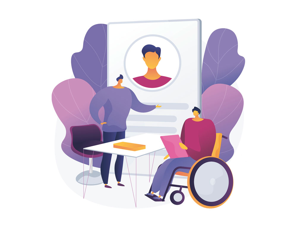 Ilustración de dos personas con discapacidad en un proceso de selección de empleo