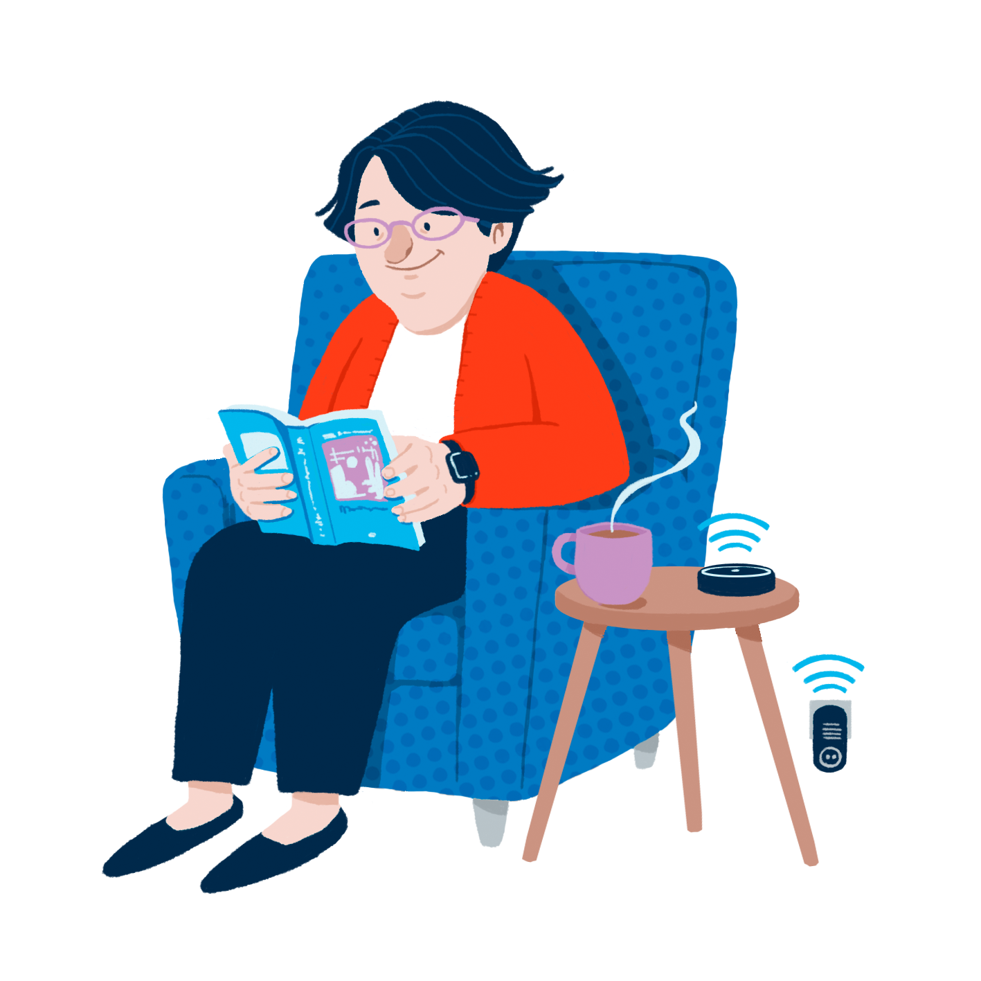 Mujer leyendo en un sillón en su casa con varios dispositivos