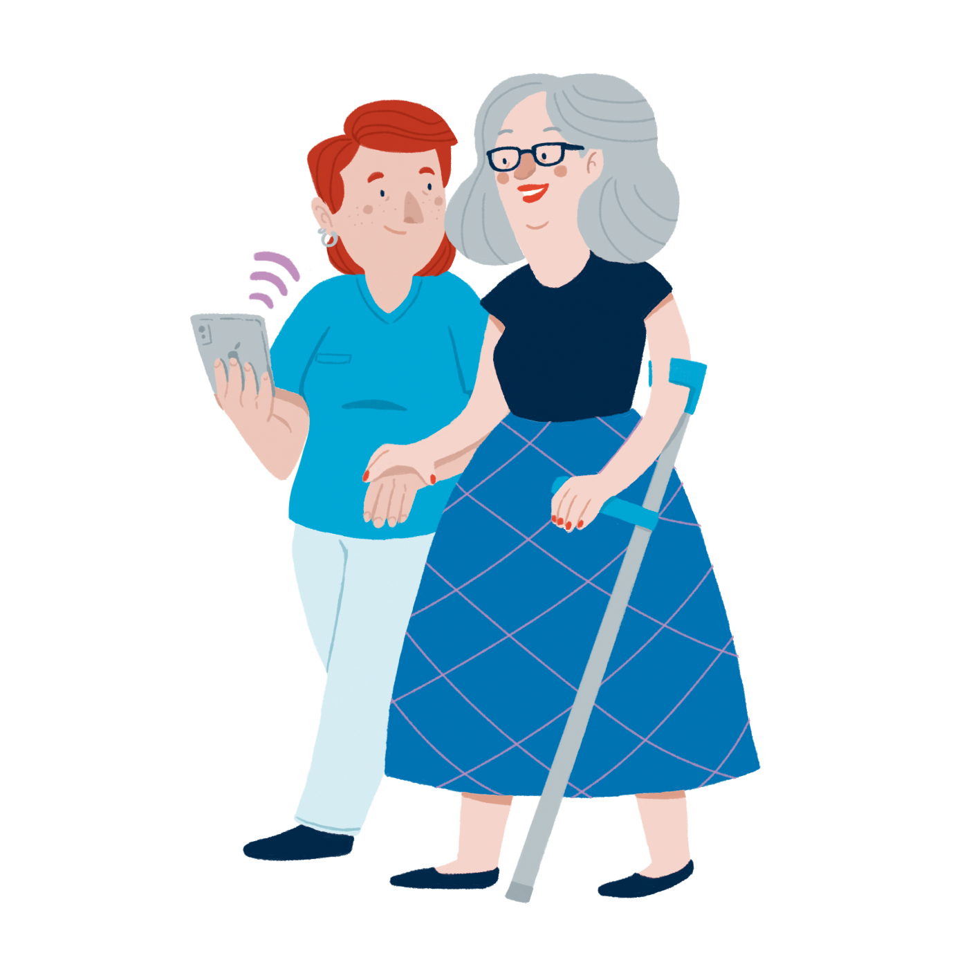 Mujer acompañando a abuela con muleta