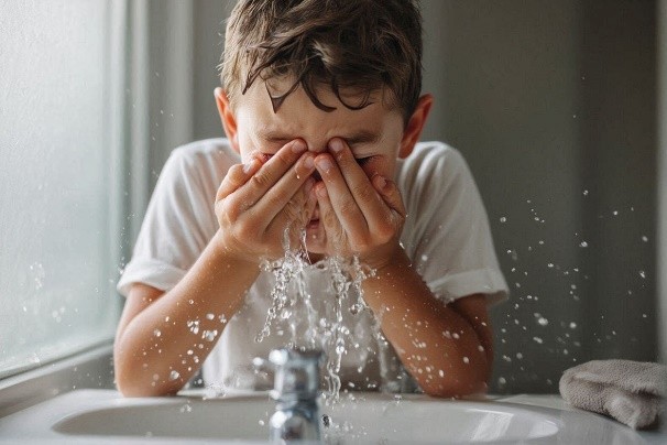 Niño lavándose la cara