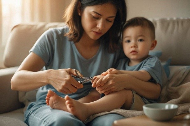 Madre cortándole las uñas a su hijo