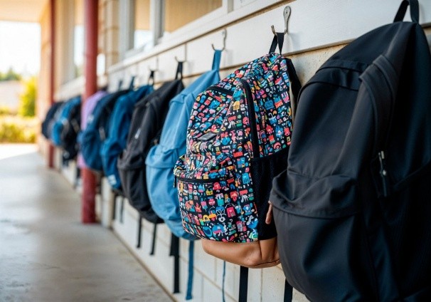 Mochilas colgadas en fila en el pasillo de una escuela