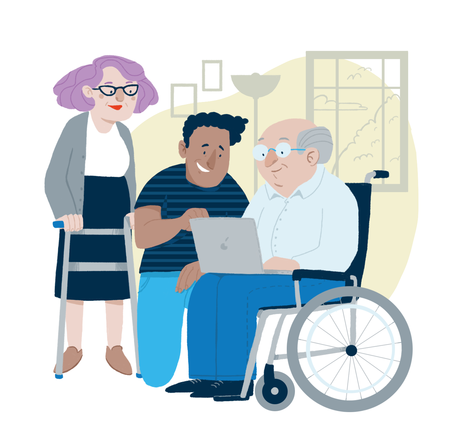 Hombre acompañando a abuelo y abuela con discapacidad en su hogar