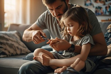 Padre cortando uñas a hija