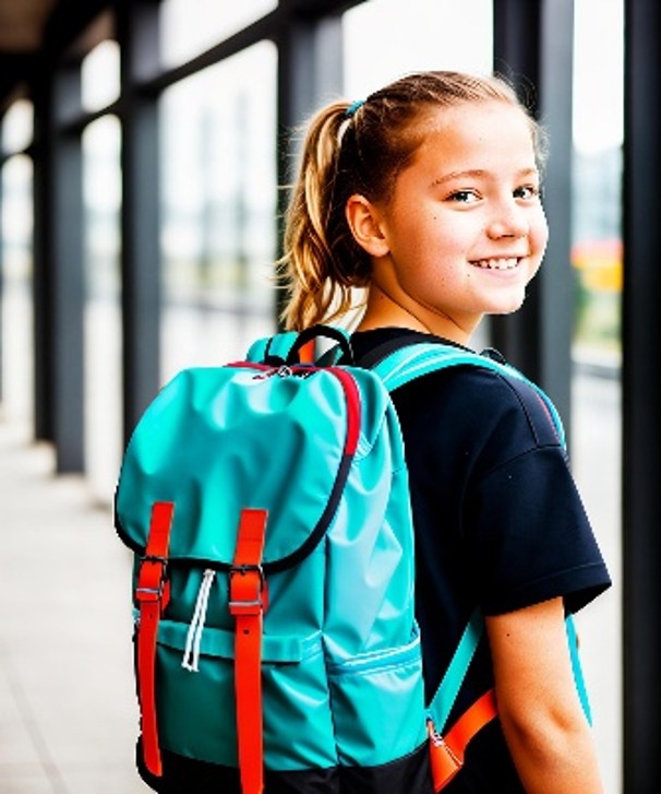 Una niña con una mochila mira sonriente a la cámara