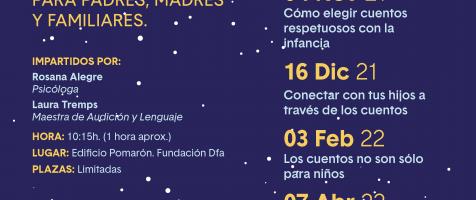 Cartel publicitario de talleres con las fechas. Con una imagen de El Principito junto a un zorro mirando a la luna sobre un fondo azul lleno de estrellas