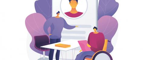 Ilustración de dos personas con discapacidad en un proceso de selección de empleo