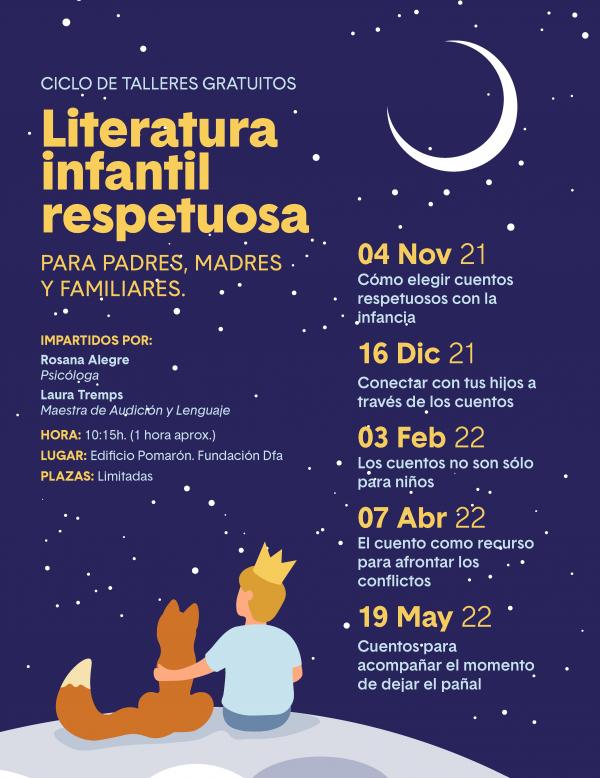 Cartel publicitario de talleres con las fechas. Con una imagen de El Principito junto a un zorro mirando a la luna sobre un fondo azul lleno de estrellas