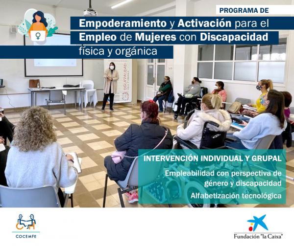 La imagen muestra una sala durante una de las actividades del programa. de espaldas, un grupo de mujeres asistentes sentadas en sillas. Al frente, la persona que imparte el taller explica la imagen que se ve en una pantalla. Además, se pueden leer distintos mensaje sobre el programa